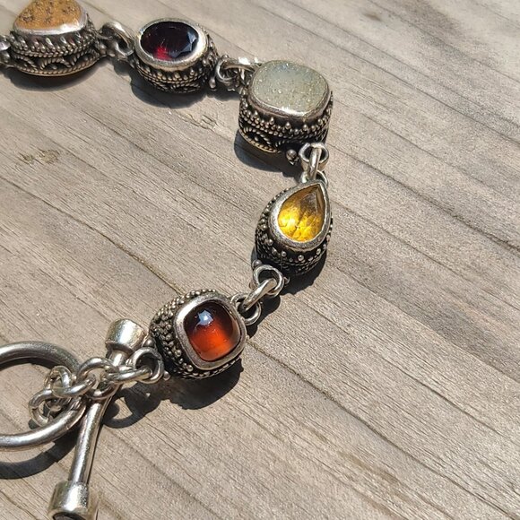 Handmade Sterling Silver Toggle Bracelet with Multi Gemstones and Ornate Detail - Picture 2 of 12